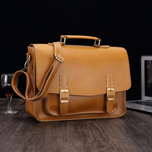 Men's Genuine Cowhide Leather Handbag Briefcases Laptop Crossbody Shoulder Bag Luxury Satchel Messenger Business Bags For Men Brown