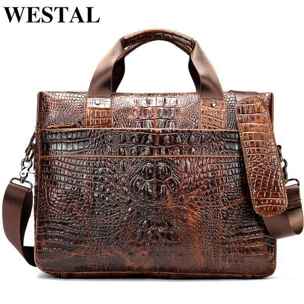 WESTAL bag for men's briefcase genuine leather office satchel bag men's crocodile pattern portable tote for document bags 5555