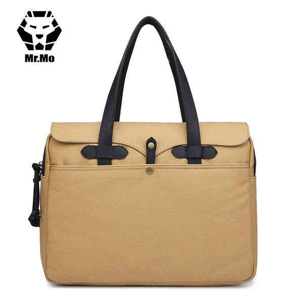 Vintage Leather + Canvas Men Briefcase Business Bag Portfolio Men Office Bag Male Computer Laptop attache Case Document Totes