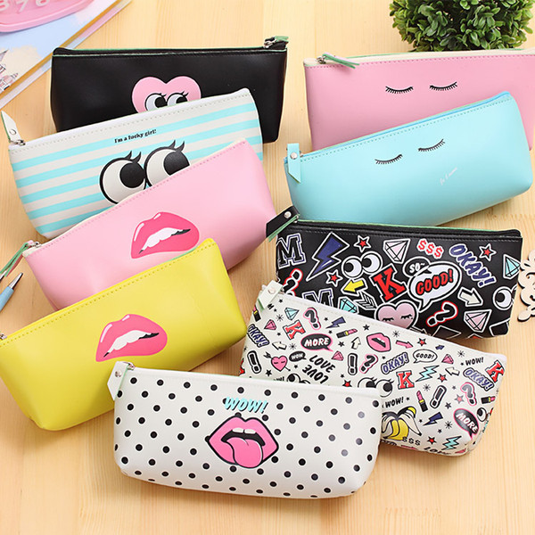 Creative PU Leather Makeup Bags Modern Girl Pen Pencil Case Multi-function Waterproof Organizer Make Up Cosmetic Bag Free Shipping