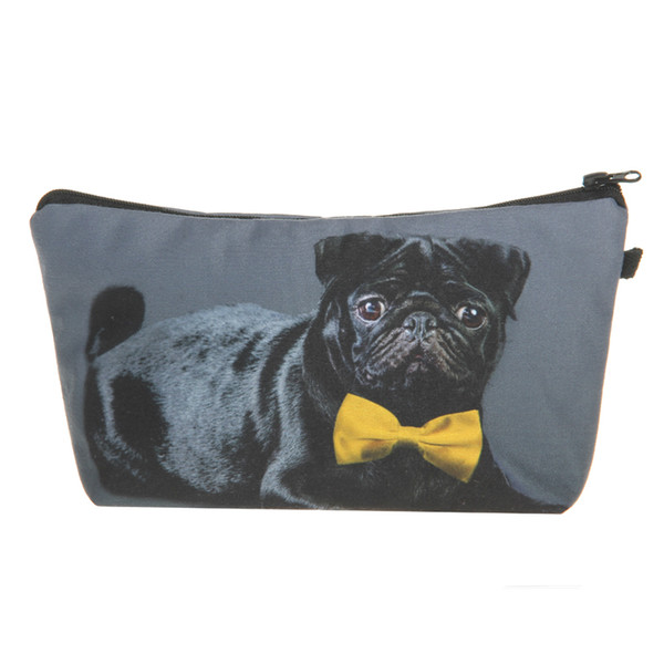 3D Printing Black Pug With Bow Tie Makeup Bag Jom Tokoy Cosmetic Bag 2018 Fashion Women Brand Makeup Storage Bag