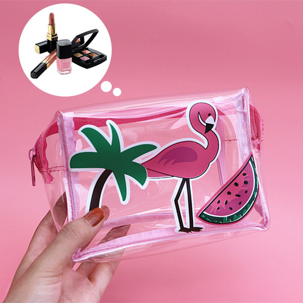 Women Summer Flamingo Cosmetic Bag Transparent PVC Makeup Bags Cute Cartoon Storage Travel Trunk