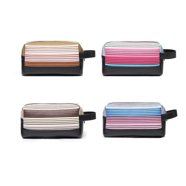 PU stripe women make up zipper bag fashion cosmetics brushes organizer storage pouch bag 4 colors