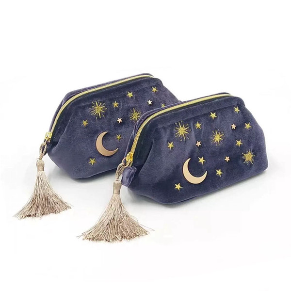 Large lovely cosmetics bag embroidery star and moon velvet tassel makeup zipper pouch brushes organizer storage blue pink