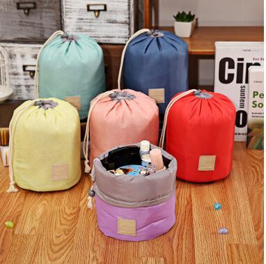 New Arrival Barrel Shaped Travel Cosmetic Bag Nylon Polyester High Capacity Drawstring Elegant Drum Wash Bags Makeup Organizer Storage Bags