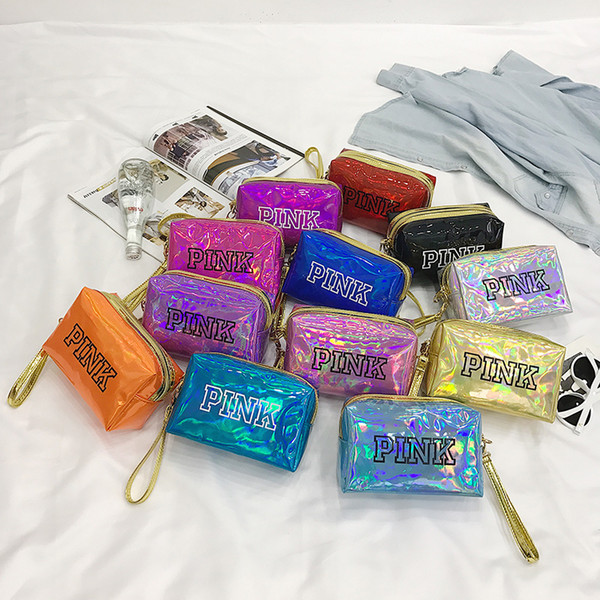 Love Pink letter Hologram Laser Cosmetic bag Make Up bags Large capacity Storage waterproof wash makeup bags portable coin purse Multicolor