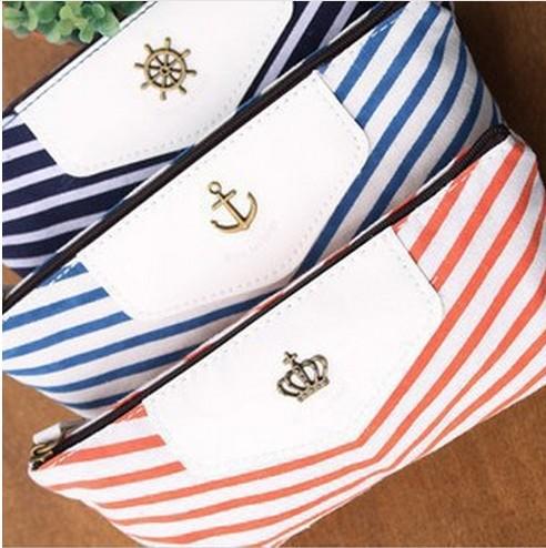 Canvas Navy Design Pencil Case Stationery Pen Bag, Cosmetic Bag, Make up Pouch Case dark blue/orange/sky blue 3 colors