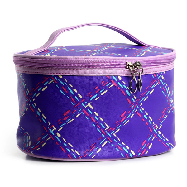 new arrival cylinder storage bag PU cosmetics bag checked makeup bag handbag