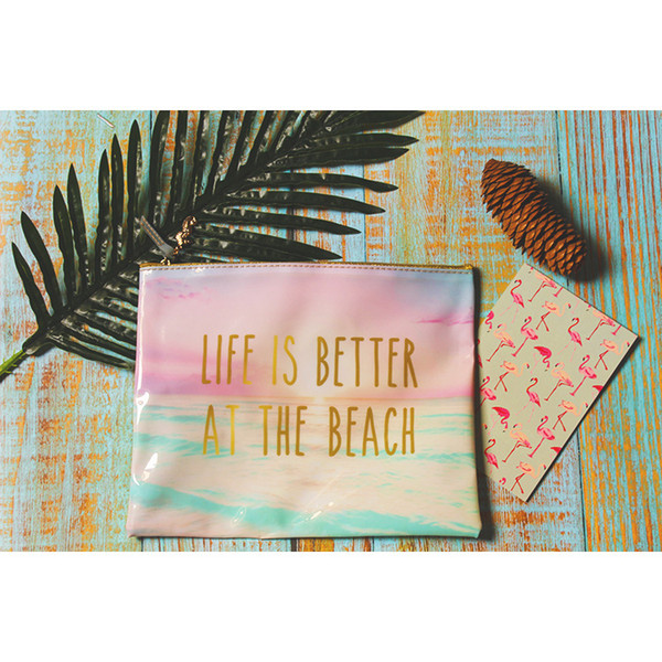 10pcs/lot Travel Waterproof Life Is Better At The Beach Sea and Gold Slogan Print PVC Cosmetic Makeup Zipper Pouch Bag