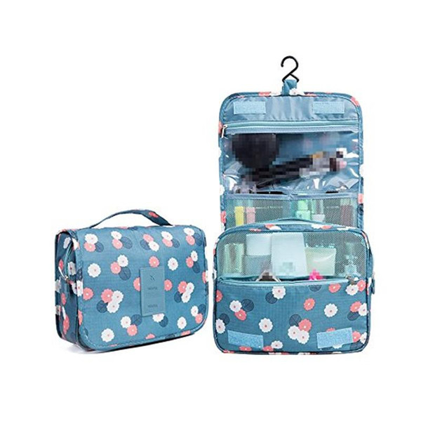 Toiletry Bag Multifunction Cosmetic Bag Portable Makeup Pouch Waterproof Travel Hanging Organizer Bag for Women Girls Blue Flowers