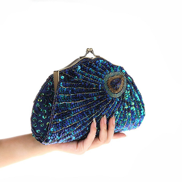 2017 New arrival Beads Sequin Handbag Peacock Party wedding Bridal Evening Clutch Prom Purse wallet make up bag xmas gift