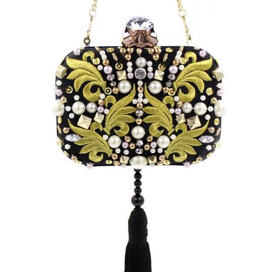 Luxury Fashion Clutch Evening Bags black for women Handmade Diamond Dinner Bags Embroidery Beaded Women Shoulder Chain Bag