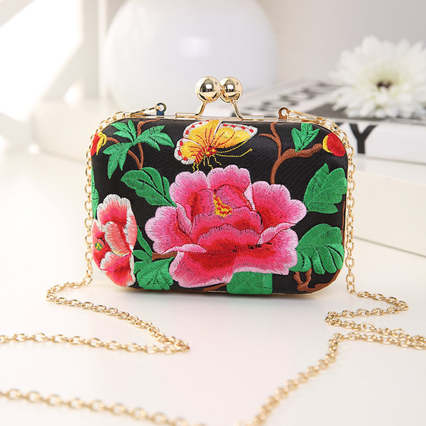 National Style Women Embroidery Evening Bags Flower Clutch Bags Mini Chain Shoulder Cross Body Bag for female