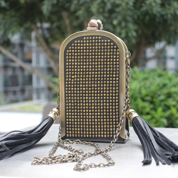 Skeleton lady evening bags clutches Retro copper tassels rivets dinner party bags chain shoulder bag for women