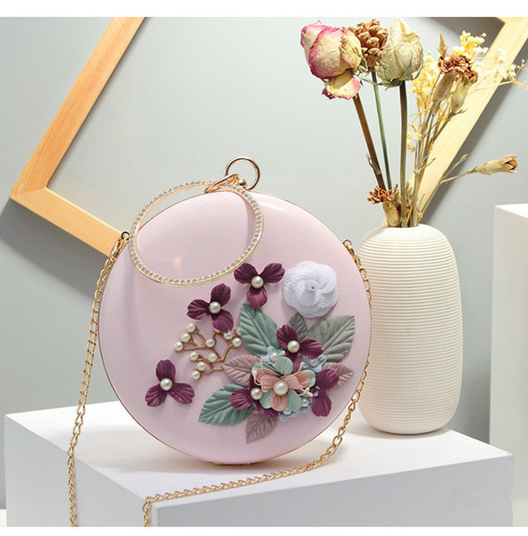 Women fashion Evening Clutch bags three-dimensional flower dress Handbag dinner party Crossbody Shoulder bag chain small round makeup Tote