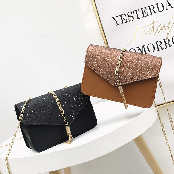 SWDF 2018 moda de alta calidad PU cuero Metal colgante impermeable Sequined mujeres Flap Bag cadena del hombro messenger bag