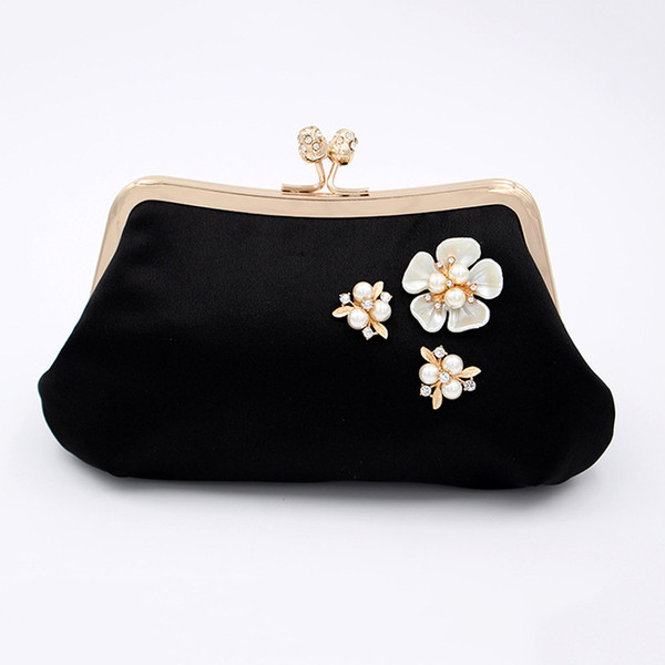 Women Evening Clutch Bags Black Rhinestones Floral Beaded Wedding Bridal Handbags for Prom Party with Detachable Chain Strap