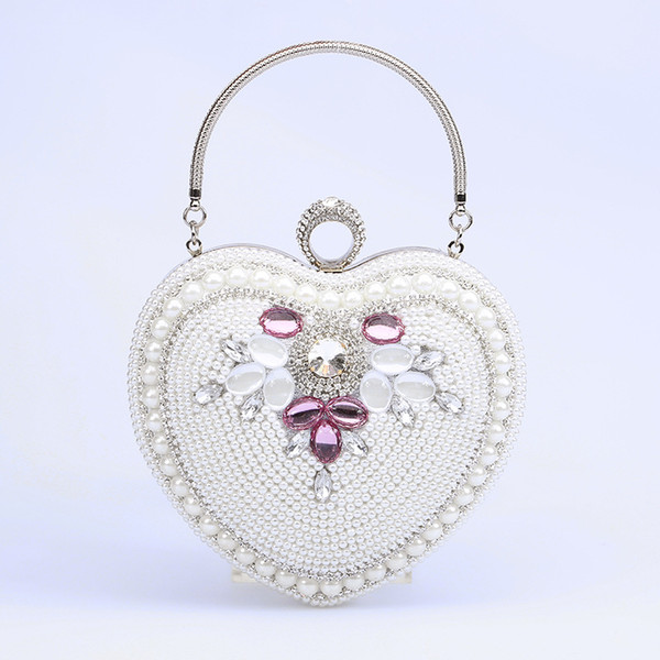 Women Wedding Clutch Bags Silver Heart Shape Beaded Bridal Evening Party Handbags with Detachable Chain Strap