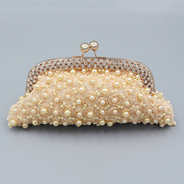 Women Evening Clutch Bags Champagne Pearls Beaded Wedding Party Bridal Handbags for Prom Party with Detachable Chain Strap