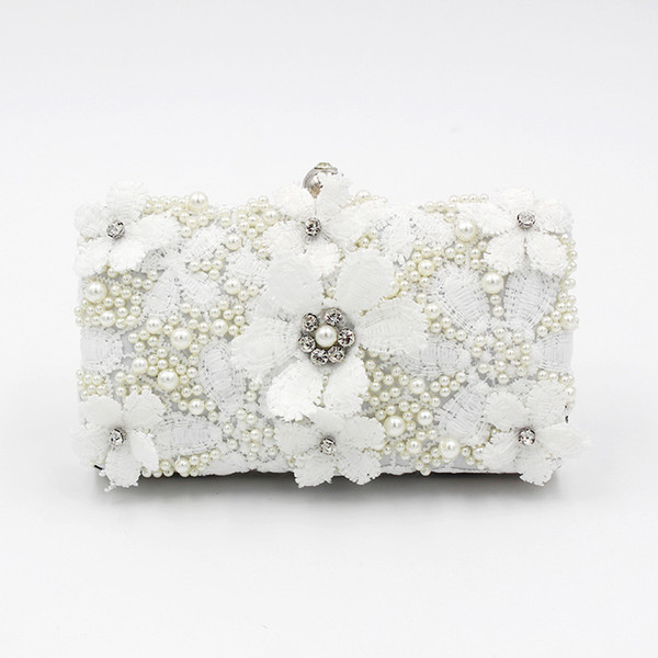 Women Evening Clutch Bags Lace Pearls Beaded Shell Wedding Party Bridal Handbags for Prom Party with Detachable Chain Strap