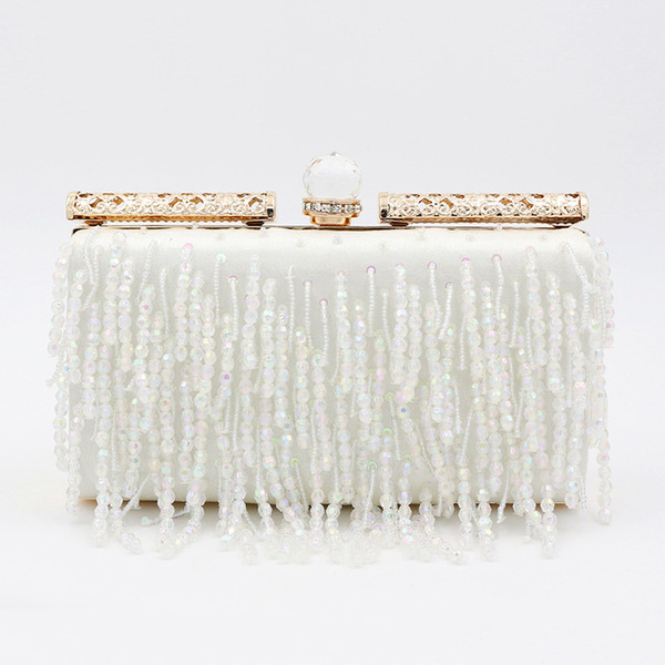 Women Wedding Clutch Bags Purse Ivory Tassels Beading Evening Party Bridal Handbags with Detachable Chain Strap