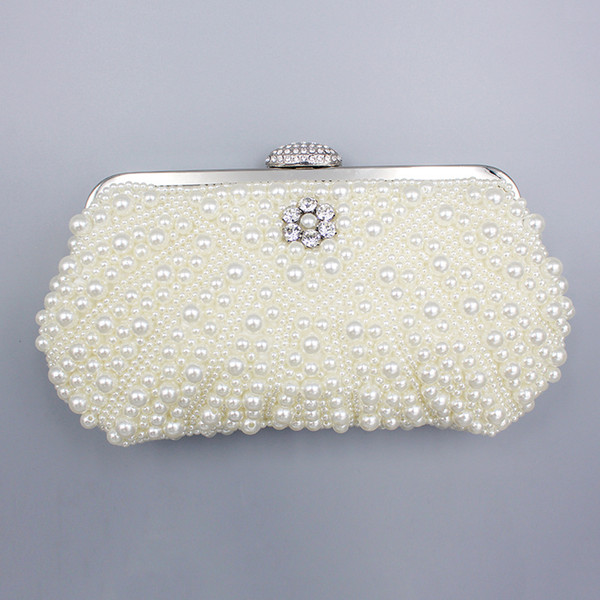 Women Wedding Clutch Bags Purse Pearls Bridal Beading Ivory Evening Party Handbags with Detachable Chain Strap