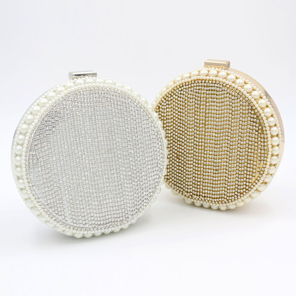 Women Evening Clutch Bags Gold Round Shape Pearls Beaded Wedding Party Bridal Handbags with Detachable Chain Strap