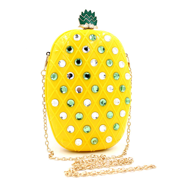 Hot! Designed Women Acrylic Evening Bag Pineapple Plastic Party Clutch Diamond Handbag Sequin Fruit with Shoulder Chain - RBL