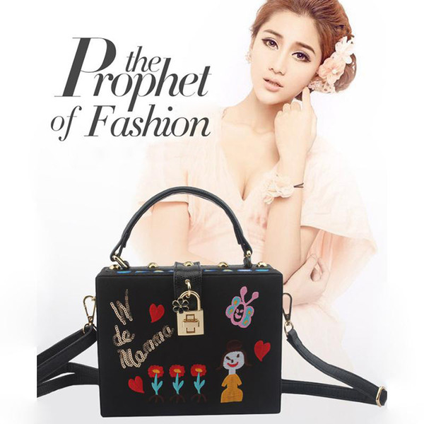 2016 lock bag locker cartoon satin evening bags tote handbag women flower shoulder bag mini case purse bead messenger crossbody - L8307