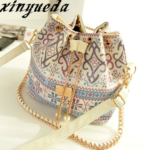 New Designed Canvas Bucket Bag Sequin Women Vintage National Messenger Bag Handbag Purse with Shoulder Chains - X261