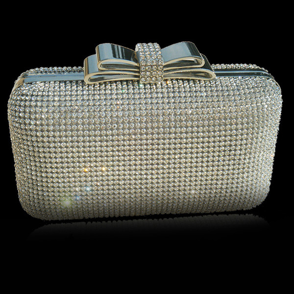 2016 Net Diamond Encrusted Box Clutch Sequin Evening Bag Women Purse with Metal Frame Crystal Bow Clasp Hollow Out - XP035