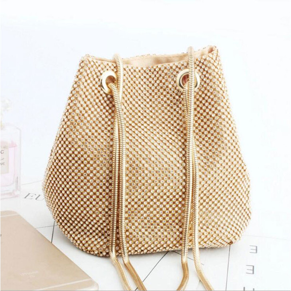 Summer Fashion Hot Women Bucket Bag Rhinestone Evening Bag Shinning Diamond Handbags Chain Messenger Party Gold Shoulder Purse - L3045