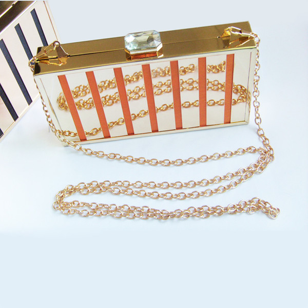 New Perfume Bag Hollow Out Metal Frame Evening Bags Encrusted Cutout Party Box Clutch Stripe Purse with Shoulder Chain - DT004