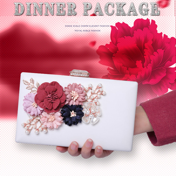 Fashion Lady Elegant Pearl Flower Evening Bags 3D Print Satin Clutch Banquet Purse Crystal Floral Handbags Chain Messenger Shoulder - GH9