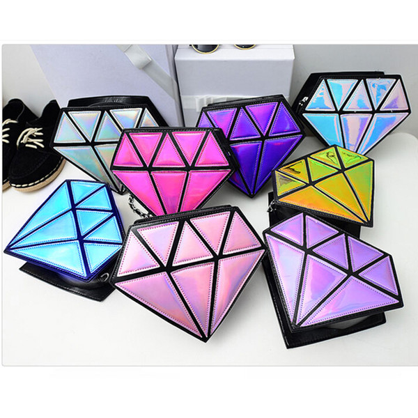 Hot ! Fashion Geometric Zipper Cosmetic Bag Women Laser Flash Diamond Makeup Evening Bag Patchwork Diamond Shape Shoulder Bags - T02