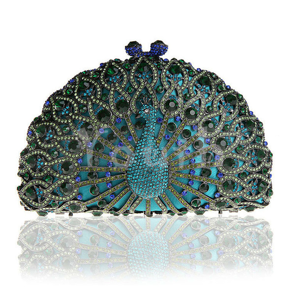 Rhinestone Peacock Evening Bag Cutout Alloy Frame Diamond Clutch Encrusted Crystal Hollow Handbag Purse with Magnet Clasp - SK