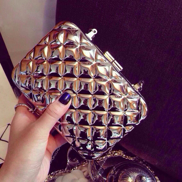 Brand Metal Box Clutch Perfume Handbag Metallic Concave Plaid Evening Bags Shoulder Purse Messenger Magnet Closure - R9002