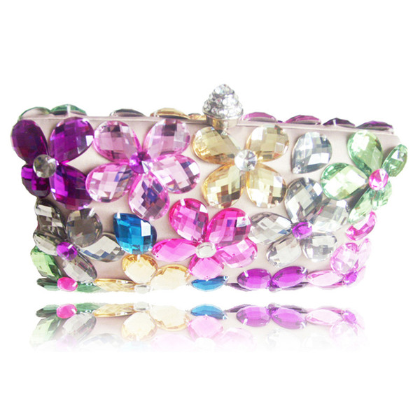 Fashion Female Handmade Stitch Diamond Floral Evening Bag Tower Clasp Crystal Flower Handbag Crystal Purse Wedding Party Messenger - RC004