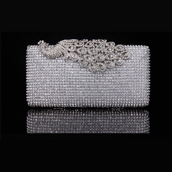 Rhinestone Peacock Evening Bag Net Diamond Clutch Crystal Cutout Purse Hollow Banquet Handbag with Shoulder Chain - YB007