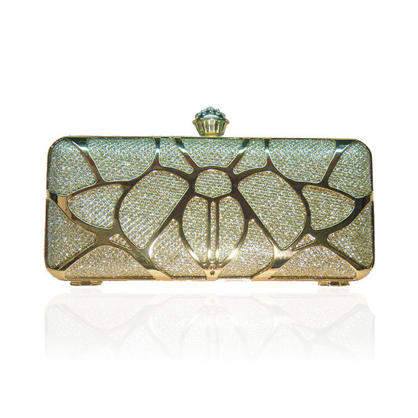 Mini Metal Frame Artificial Silk Beetle Design Hollow Out Metallic Evening Bag Encrusted Clutch Purse with Diamond Clasp - 12019KSP