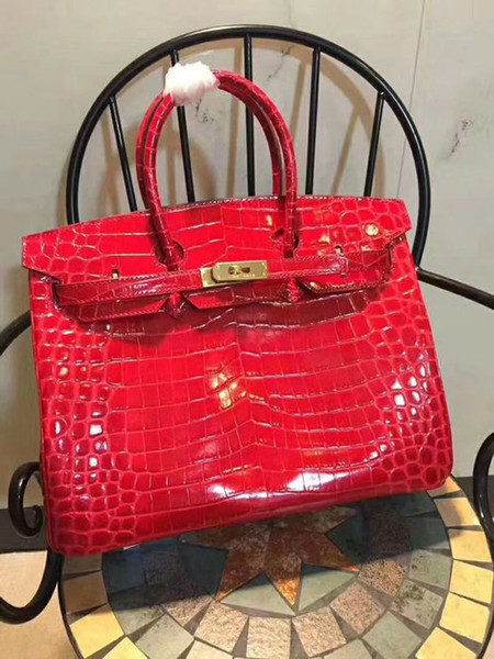 purple Crocodile Shiny LEATHER BIRKIN35CM 30CM SHOULDER HANDBAG embossed YF0309- palm print portable bag Blue black red pink white orange 18