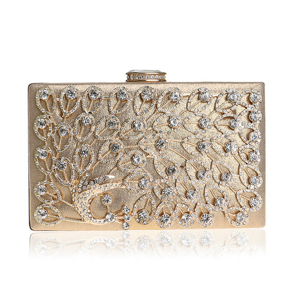 Peacock Rhinestones Metal Women Clutch Bag Gold/Silver/Black Diamonds Chain Handbags Crystal Party Wedding Bag