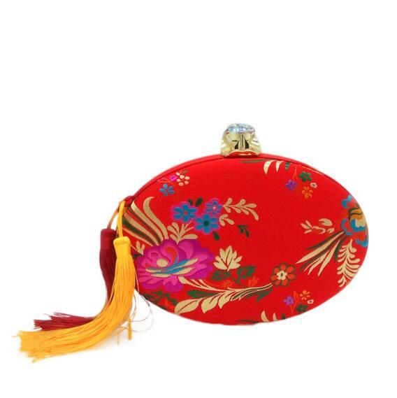 Chinese Style Embroidery Flower Women Black Satin Evening Bag Tassel Clutch Purse Wedding Party Shoulder Handbag MIL0997