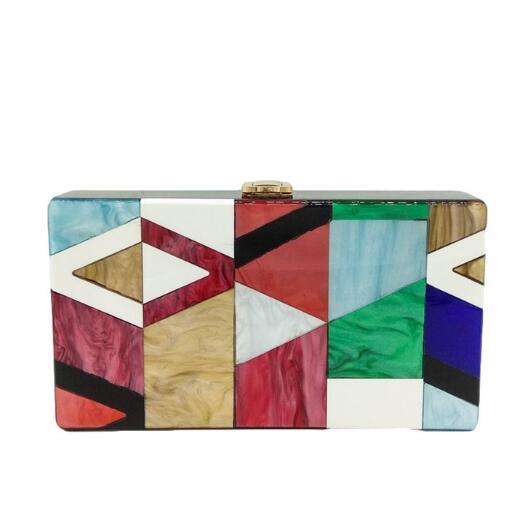 Geometric Patchwork Multi Color Acrylic Evening Clutch Box Bag Hard Case Women Chain Shoulder Handbag Purse MIL1012