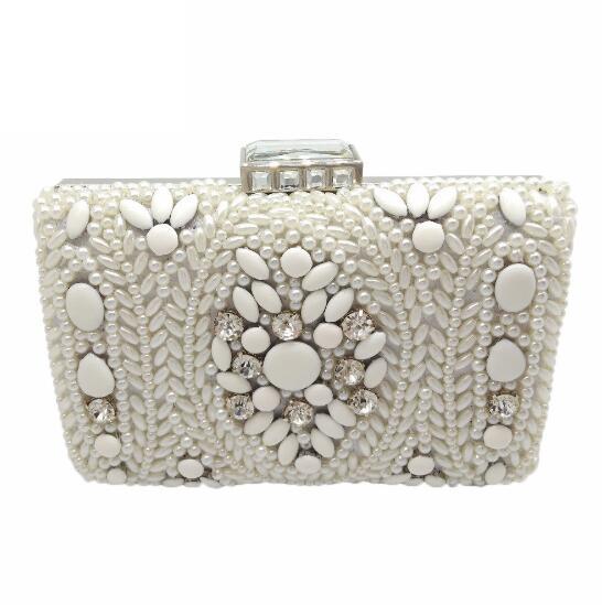 Vintage White Beaded Women Evening Clutch Bag Ladies Metal Chain Shoulder Handbag and Purse Wedding Party Bag MIL0407