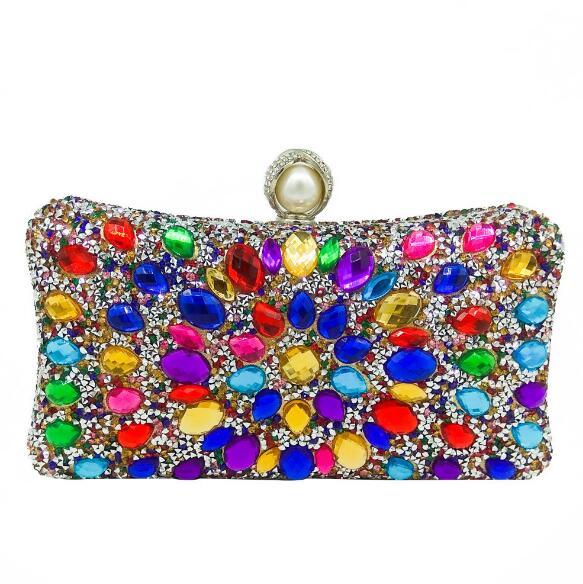 Multi Color Crystal Women Pearl Beaded Black Evening Metal Clutches Bag Wedding Party Prom Bridal Handbag Purse MIL1068