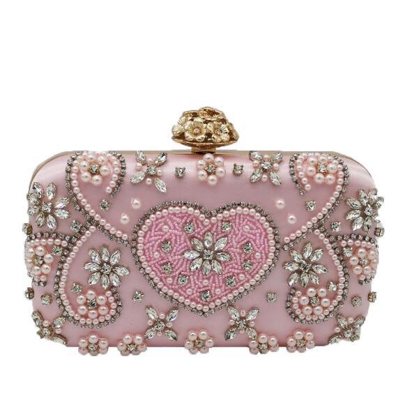 Vintage Pink Beaded Clutch Women Evening Bags Heart & Flower Wedding Crystal Clutches Handbags Bridal Purses MIL1197