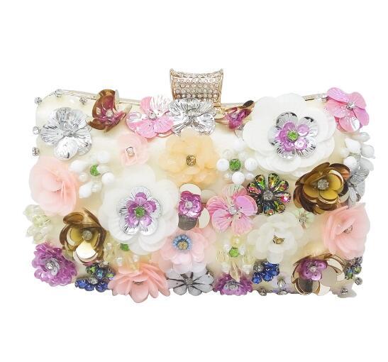 Multi Color Women Flower Gold Evening Clutch Wedding Beaded Purse Party Dhinner Crystal Metal Clutches Handbag MIL0796