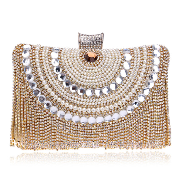 Crystal Pearl Women Clutch Bag Diamonds Beaded Chain Shoulder Handbags Tassel Rhinestones Small Purse Evening Bag