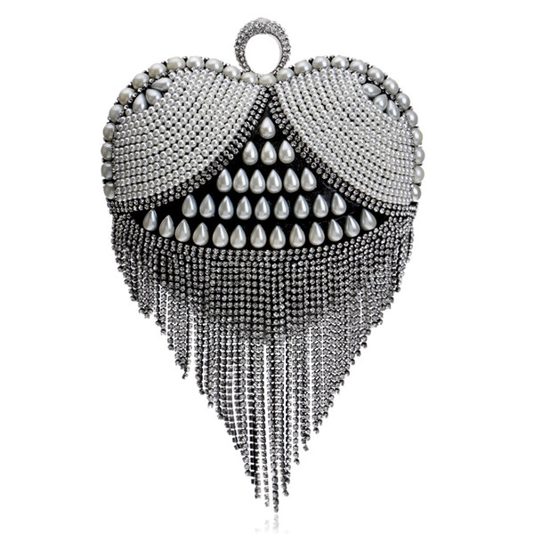 Heart tassel rhinestones women evening bags imitation pearl lady's handle evening bag finger ring diamonds small clutches